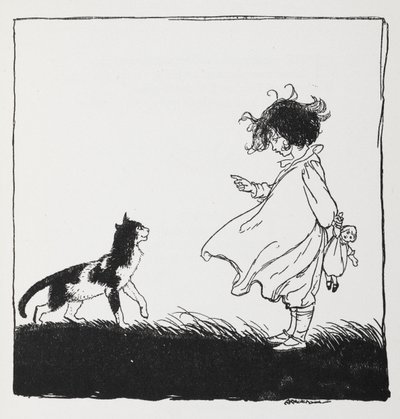 En jente med en dukke forteller katten sin. av Arthur Rackham