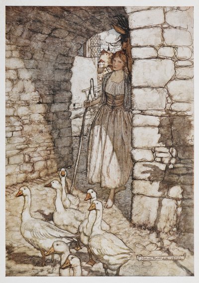 En jente med gjess. av Arthur Rackham