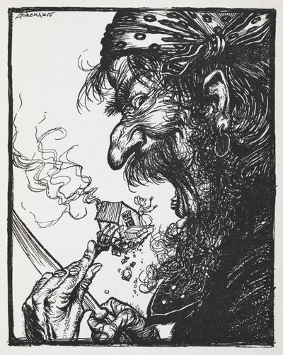 En stor mann som spiser en liten dame og huset hennes. av Arthur Rackham