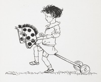 En liten jente på en lekehobbyhest. av Arthur Rackham