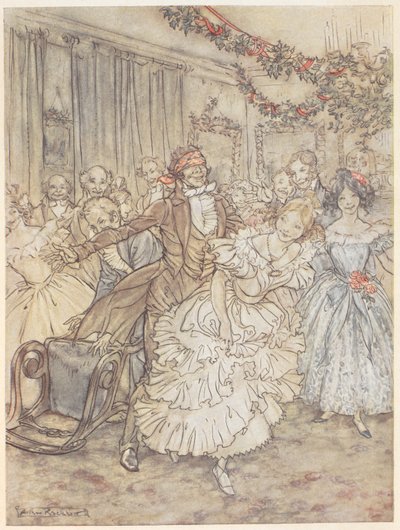 En fest som spiller blindmanns bløff. En mann med bind for øynene jager en kvinne i en rynket kjole av Arthur Rackham