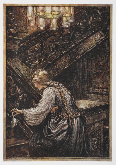 En prinsesse som bærer en frosk fra The Frog Prince. av Arthur Rackham
