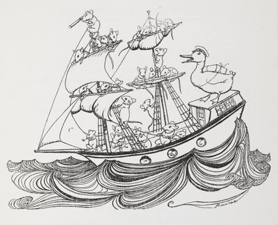 Et skip bemannet av mus og kaptein av en and. av Arthur Rackham