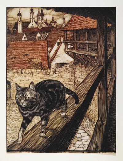 En tabby katt som går langs treskinnen til en bygning. av Arthur Rackham