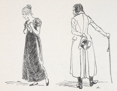 Et ungt par krangler, kvinnen hadde vendt seg bort og holdt et lommetørkle til brystet av Arthur Rackham