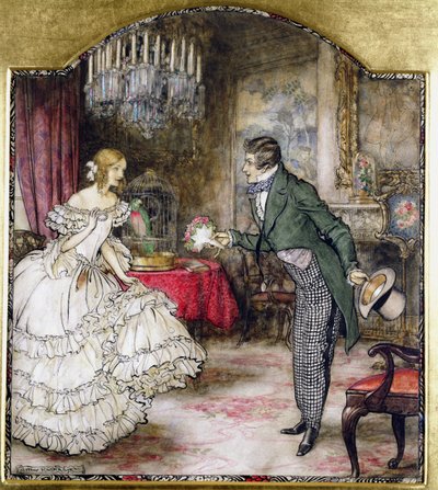 En ung mann presenterer en bukett til en jente som står i en salong (wc med penn og blekk på papir) av Arthur Rackham