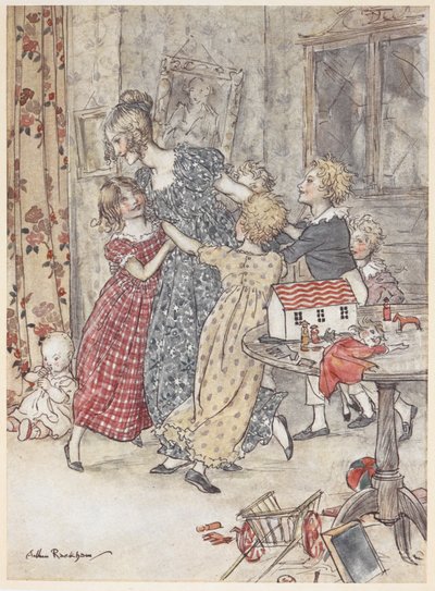 En ung kvinne og barn danser rundt et lekerom fullt av leker av Arthur Rackham