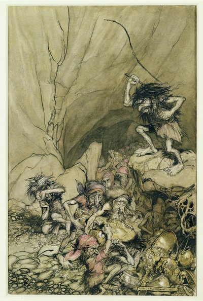 Alberich kjører i et band med Nibelunger lastet med gull- og sølvskatter, en illustrasjon fra The Rheingold and the Valkyrie av Richard Wagner (1813-83) pub. 1910 (penn og blekk, wc) av Arthur Rackham