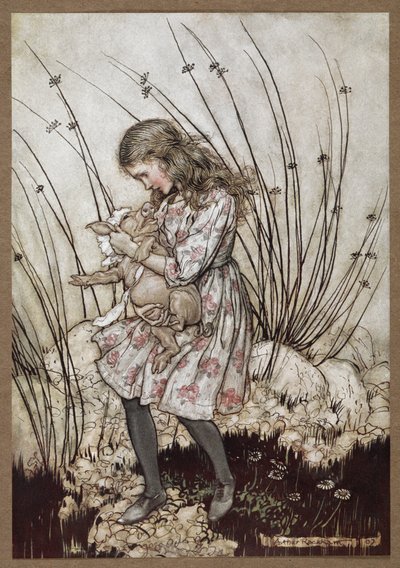 Alice og grisen kledde seg ut som en baby av Arthur Rackham