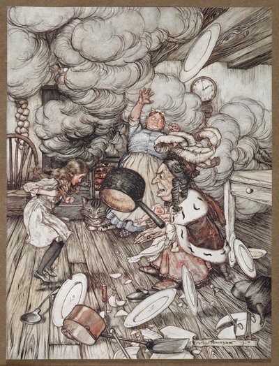 Alice på et kjøkken med hertuginnen, en kokk og Cheshire Cat av Arthur Rackham