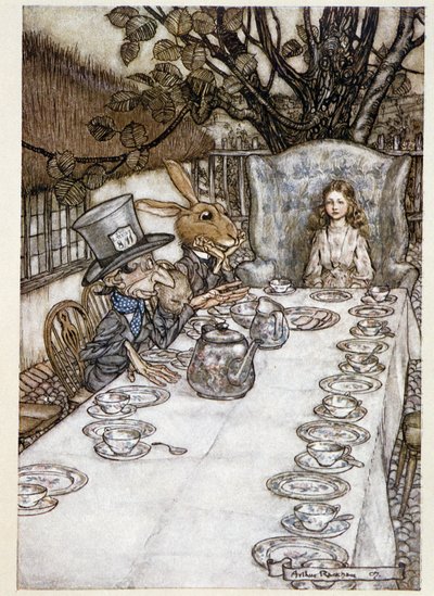 Alice tar "" i dårene""" (Hatteren og Mars Lievre) - i "" The Adventures of Alice in Wonderland""", Lewis Carroll, ill. av Arthur Rackham (1867-1939) av Arthur Rackham