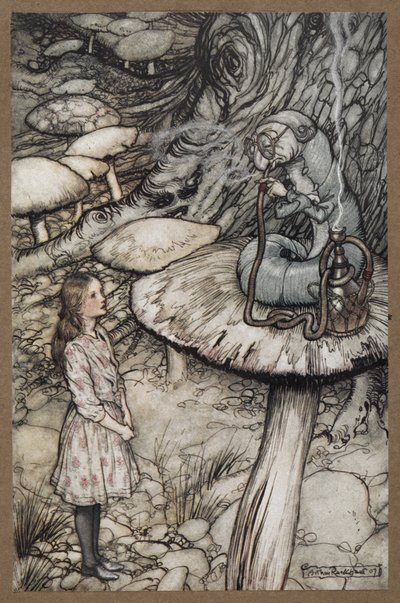 Alice snakker med Caterpillar som sitter på en sopp og røyker pipe av Arthur Rackham