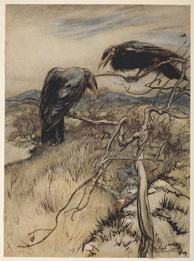 En illustrasjon av 'The Twa Corbies' av Arthur Rackham