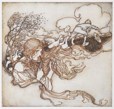 En illustrasjon av en jente som børster håret med gjess og en gutt i bakgrunnen, fra The Goosegirl. av Arthur Rackham