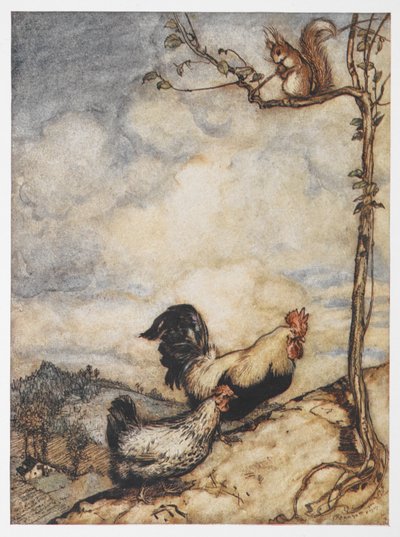 En illustrasjon av en høne, hane og ekorn fra The Adventures of Chanticleer and Partlet. av Arthur Rackham
