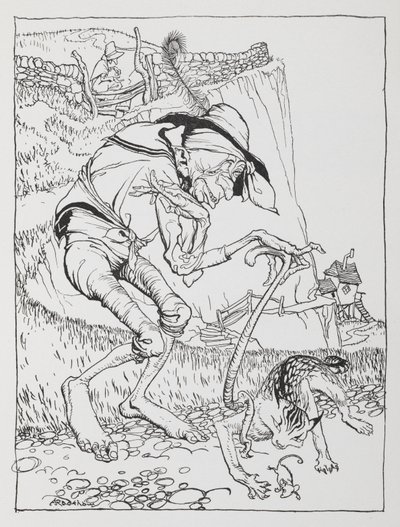 En gammel skjev mann med sin skjeve katt og skjeve hus. av Arthur Rackham