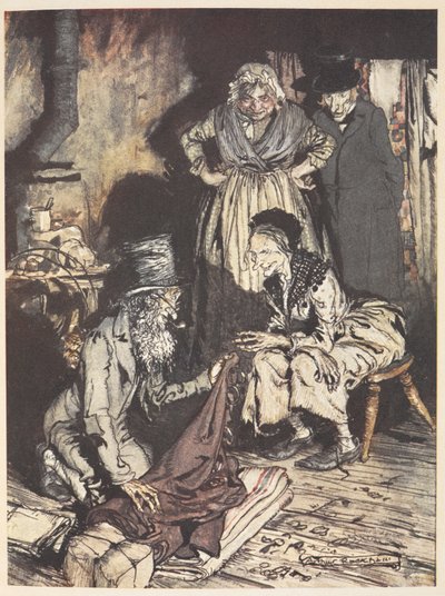 En gammel familie inne i huset deres med en mann som tilbyr dem gardiner av Arthur Rackham
