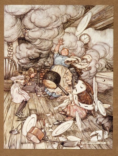 En uvanlig stor kasserolle fløy like ved den, og bar den nesten bort, fra Alices Adventures in Wonderland, av Lewis Carroll, pub.1907 av Arthur Rackham