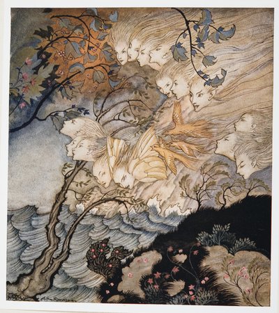 ?. Og noen ganger stemmer, illustrasjon fra William Shakespeares The Tempest, pub. 1926 av Arthur Rackham