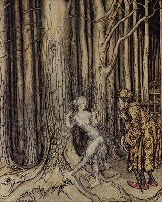 Til slutt møtte hun brudgommen som sakte kom tilbake, illustrasjon til Fichers Bird fra Little Brother, Little Sister av brødrene Grimm, 1917 (wc, penn og blekk) av Arthur Rackham