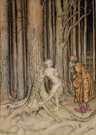 Til slutt møtte hun brudgommen som sakte kom tilbake, illustrasjon for Fichers Bird, fra Little Brother, Little Sister, av brødrene Grimm, 1917 (wc og penn og blekk på papir) (se også 28797) av Arthur Rackham