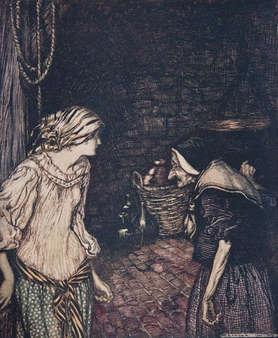Til slutt nådde hun kjelleren, og der fant hun en gammel, gammel kvinne med risting på hodet... fra The Fairy Tales of the Brothers Grimm, pub. 1909 av Arthur Rackham