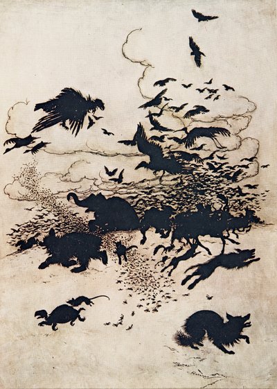 Ved det tredje stikket skrek reven og ned gikk halen mellom bena hans... fra The Fairy Tales of the Brothers Grimm, pub. 1909 av Arthur Rackham