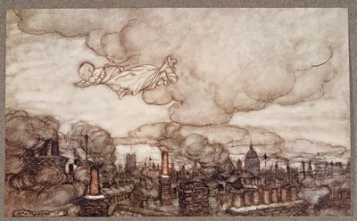 Borte fløy han rett over husene til Gardens, fra Peter Pan i Kensington Gardens av J M Barrie (1860 - 1937), pub. 1906 av Arthur Rackham