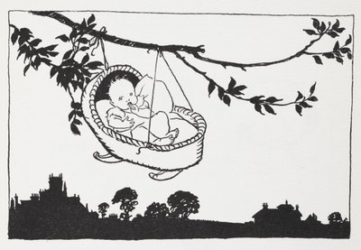 Baby i en barneseng hengende fra en gren. av Arthur Rackham