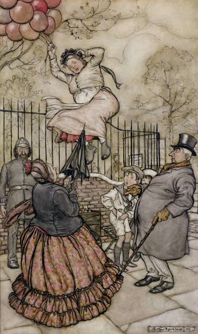 Ballonger, illustrasjon fra Peter Pan i Kensington Gardens, av J.M Barrie, utgitt 1906 (penn og blekk & wc på papir) av Arthur Rackham