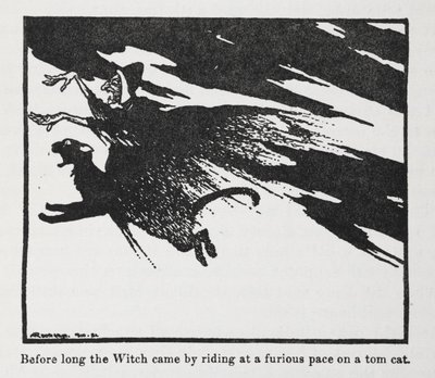 Snart kom heksen forbi i et rasende tempo på en katt. av Arthur Rackham
