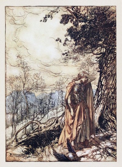 Brünnhilde. Illustrasjon for Rhinegold and The Valkyrie av Richard Wagner, 1910 av Arthur Rackham