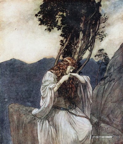 Brünnhilde kysser ringen som Siegfried har lagt igjen hos henne. Illustrasjon for Siegfried and The Twi av Arthur Rackham