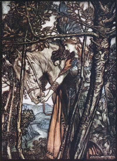 Brünnhilde fører hesten sin ved hodelaget. Illustrasjon for Rhinegold og Valkyrien av Richa av Arthur Rackham