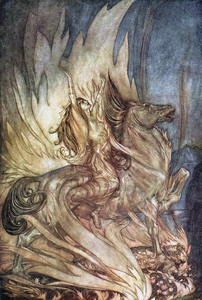 Brünnhilde på Grane hopper på gravbålet til Siegfried. Illustrasjon for Siegfried and The Tw av Arthur Rackham