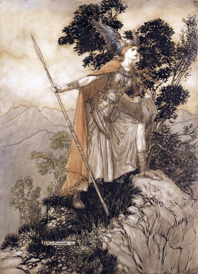 Brunhilde, illustrasjon fra The Rhinegold and the Valkyrie av Richard Wagner, 1910 (penn og blekk, wc på papir) av Arthur Rackham