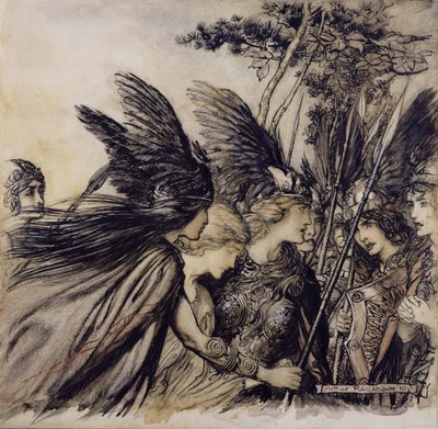 Brunnhilde Implores the Valkyries, illustrasjon fra The Rhinegold and the Valkyrie, av Richard Wagner, utgave utgitt 1910 (penn, blekk og wc på papir) av Arthur Rackham