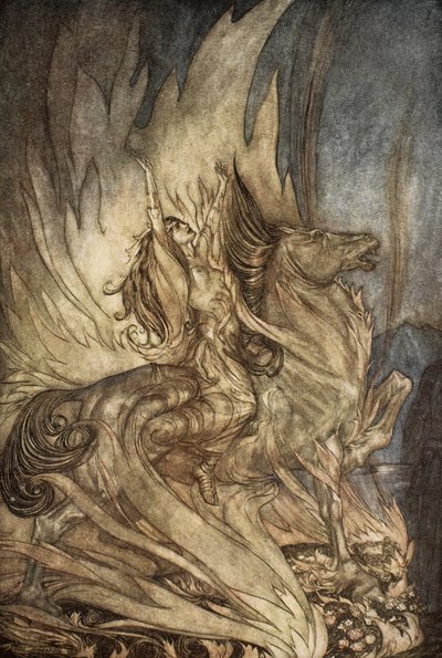 Brunnhilde på Grane hopper videre til begravelsesbålet til Siegfried, illustrasjon fra 