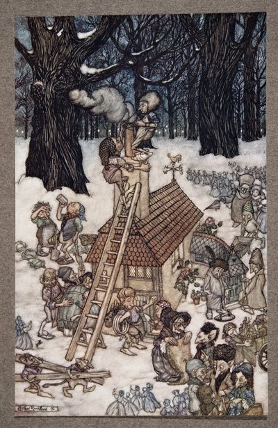 Bygge huset for Maimie .., fra Peter Pan i Kensington Gardens av J M Barrie (1860 - 1937), pub. 1906 av Arthur Rackham