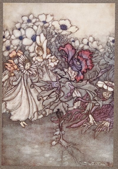 Men hvis du ser, og de frykter at det ikke er tid til å gjemme seg, står de ganske stille og later som de er blomster, fra Peter Pan i Kensington Gardens av J M Barrie (1860 - 1937), pub. 1906 av Arthur Rackham