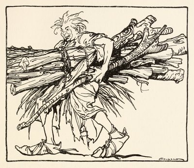 Carl bygger et tilfluktsrom for natten, fra The Carl of the Drab Coat i Irish Fairy Tales av Arthur Rackham