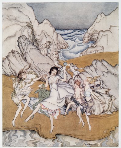 Kom til denne gule sand-illustrasjonen fra William Shakespeares The Tempest, pub. 1926 av Arthur Rackham