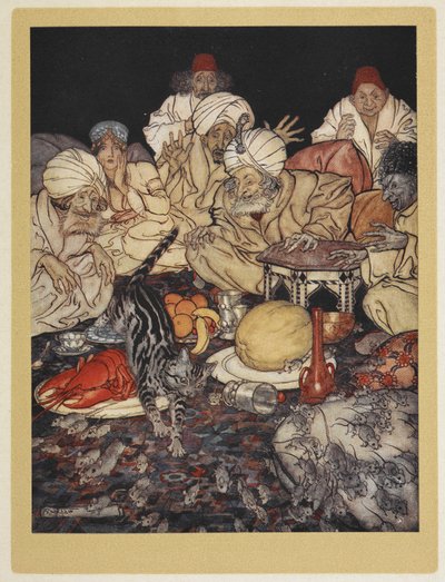 Dick Whittingtons katt som rir kongen av maurerne av musene sine. av Arthur Rackham