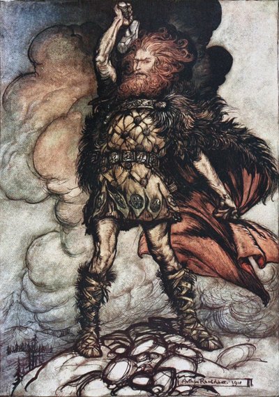 Donner, din herre, tilkaller sine verter! Illustrasjon for The Rhinegold and The Valkyrie av Richard W av Arthur Rackham