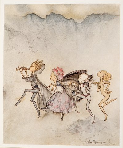 Hver og en, snubler på tåen, vil være her med mopp og klipp, illustrasjon fra William Shakespeares The Tempest, pub. 1926 av Arthur Rackham