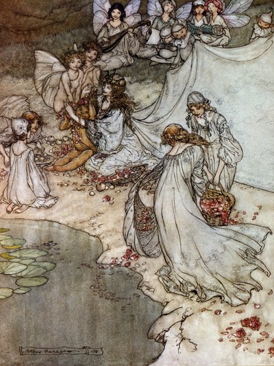 Alver som lager rosenkjeder. Illustrasjon av Arthur RACKHAM (1867-1939) for Drømmen om en sommernatt av William SHAKESPEARE av Arthur Rackham