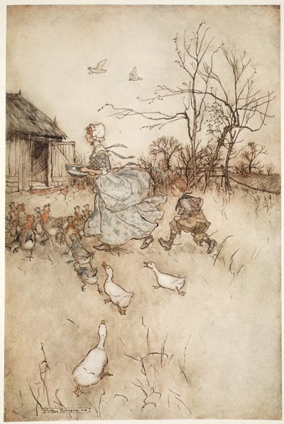 Utstyrt i et par av farens avstøpte galligaskinn som han hadde like mye reklame å holde oppe som en fin dame trener i dårlig vær., fra Rip Van Winkle av Washington Irving, pub. 1910 (farge li av Arthur Rackham