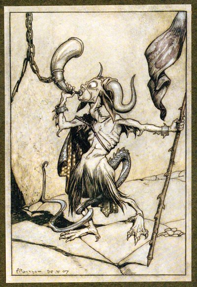 Før hornet ved porten til Barbican Tower ble blåst med en høy tjue-trompeterkraft, 1907 av Arthur Rackham