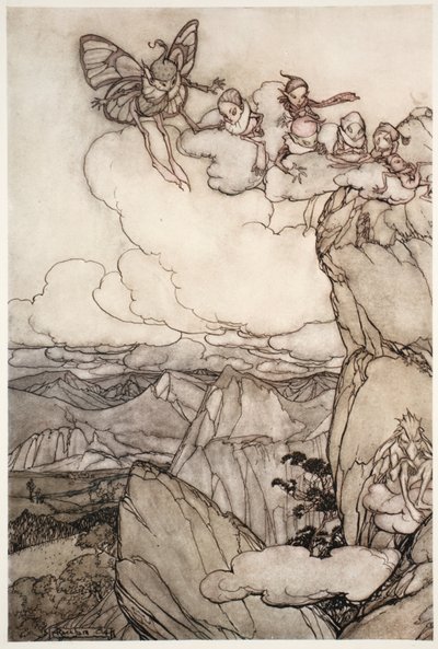 Fairies in mountains, fra Rip Van Winkle av Washington Irving, pub. 1910 av Arthur Rackham