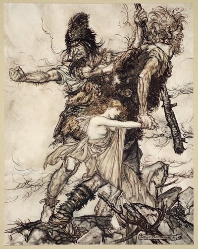 Fasolt griper plutselig Freia og drar henne til side med Fafner, illustrasjon fra 